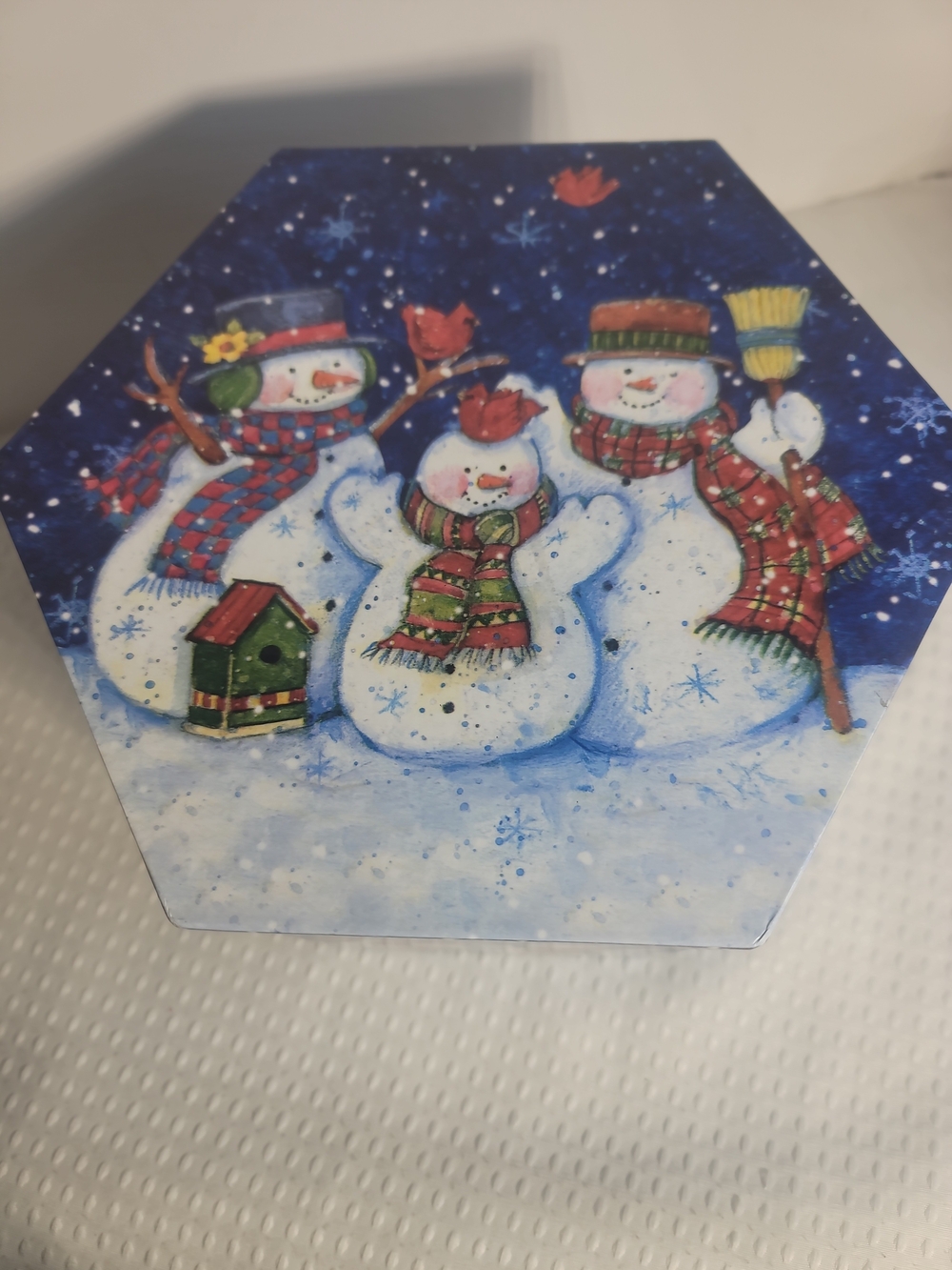 Holiday Snowman Decorative Tin - Blue Red Green